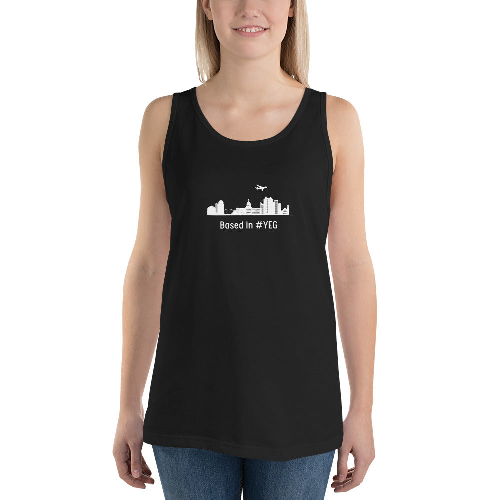 Based in YEG Unisex Tank Top - White - Remove B4 Flight